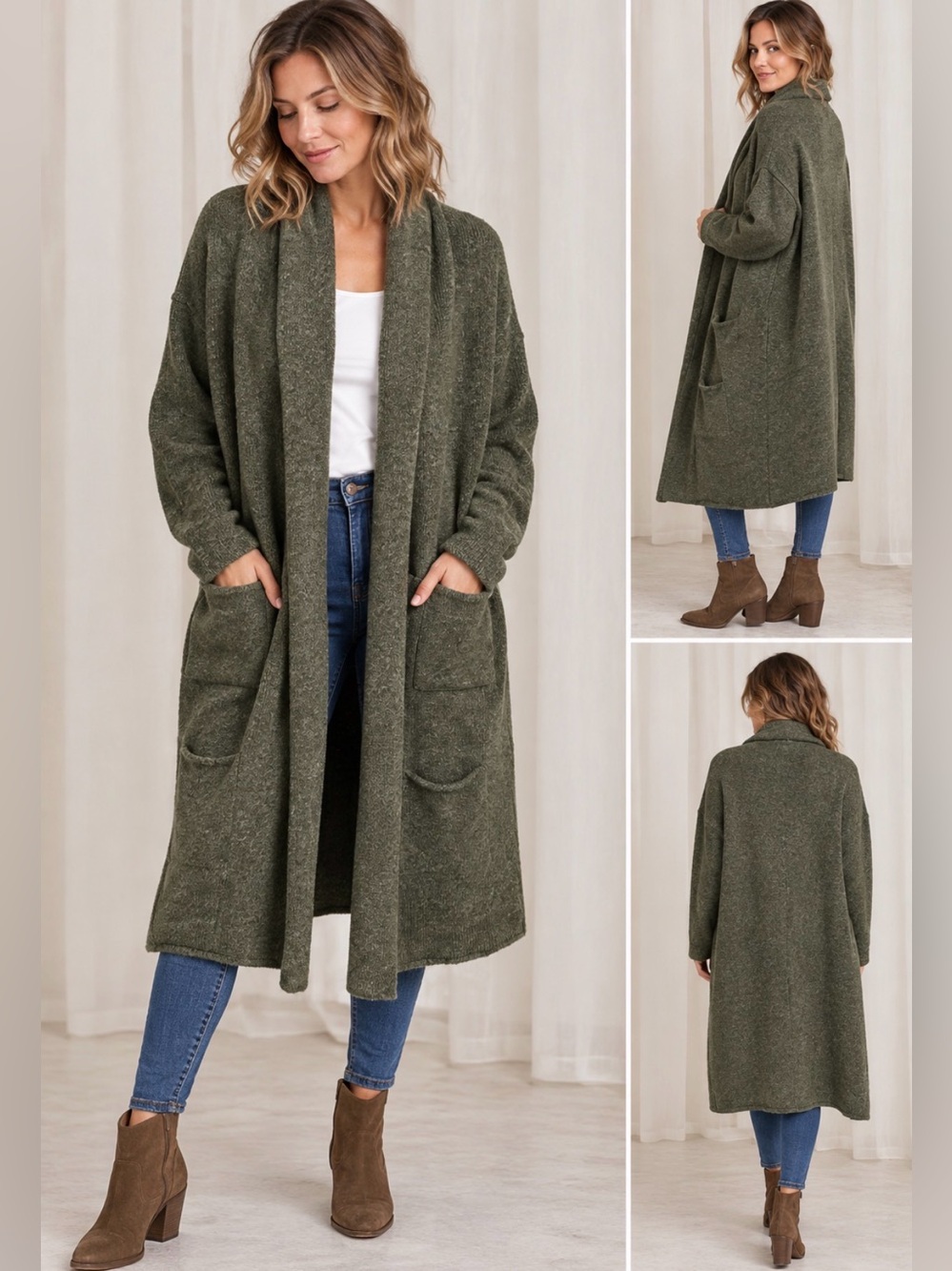 Wool Long Cardigan in Olive